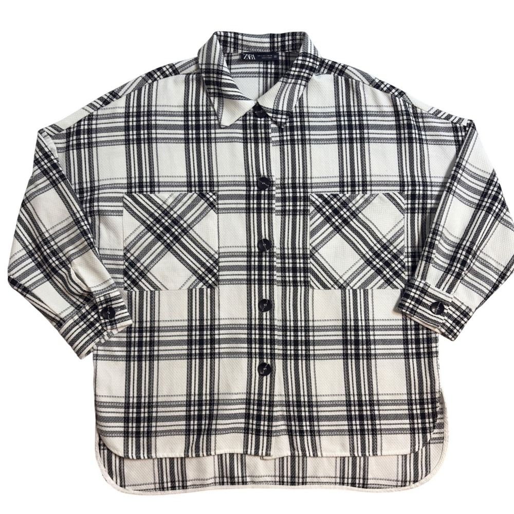 ZARA Women's Black White Plaid Button Up Oversized Overshirt Long Sleeve Top L